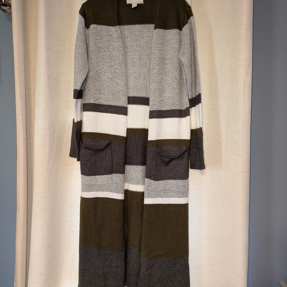 Striped Open Front Cardigan - Gray, White, Brown - Picture 1 of 4